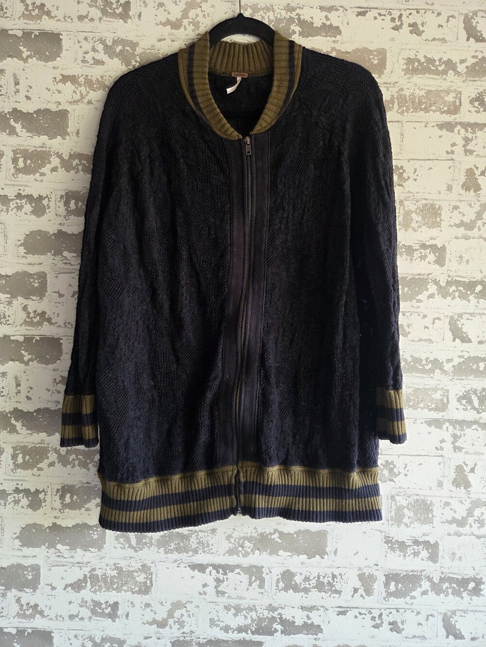 Free People Zip Front Bomber Sweater Jacket Black Olive Green Varsity Medium